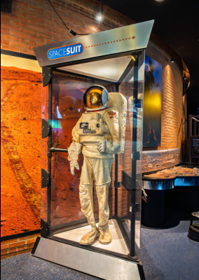 lifesize spacesuit in glass case